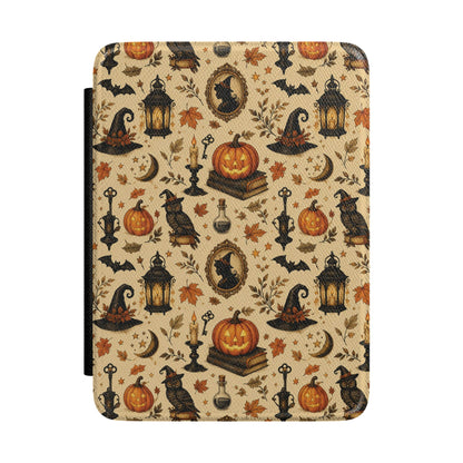 Vintage Halloween Kindle case with pumpkins and a black cat