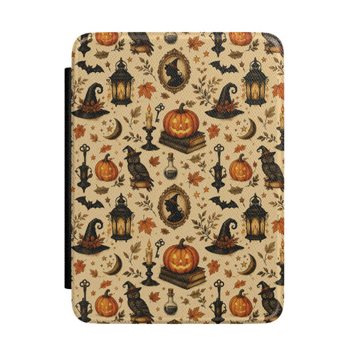 Vintage Halloween Kindle case with pumpkins and a black cat