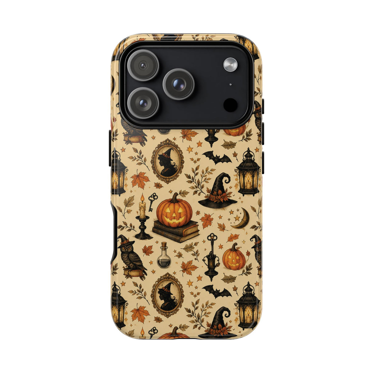 Vintage Halloween tough phone case with pumpkins and black cat on cream