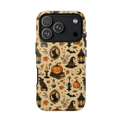 Vintage Halloween tough phone case with pumpkins and black cat on cream