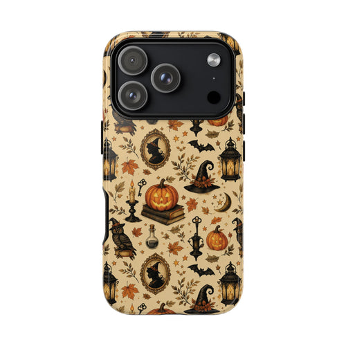 Vintage Halloween tough phone case with pumpkins and black cat on cream