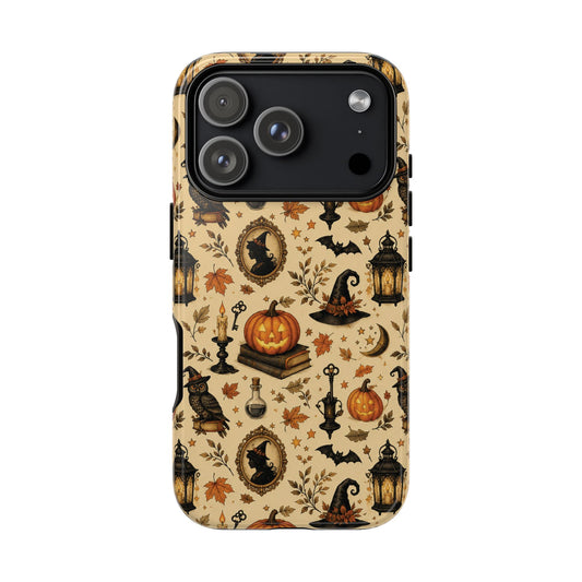 Vintage Halloween tough phone case with pumpkins and black cat on cream