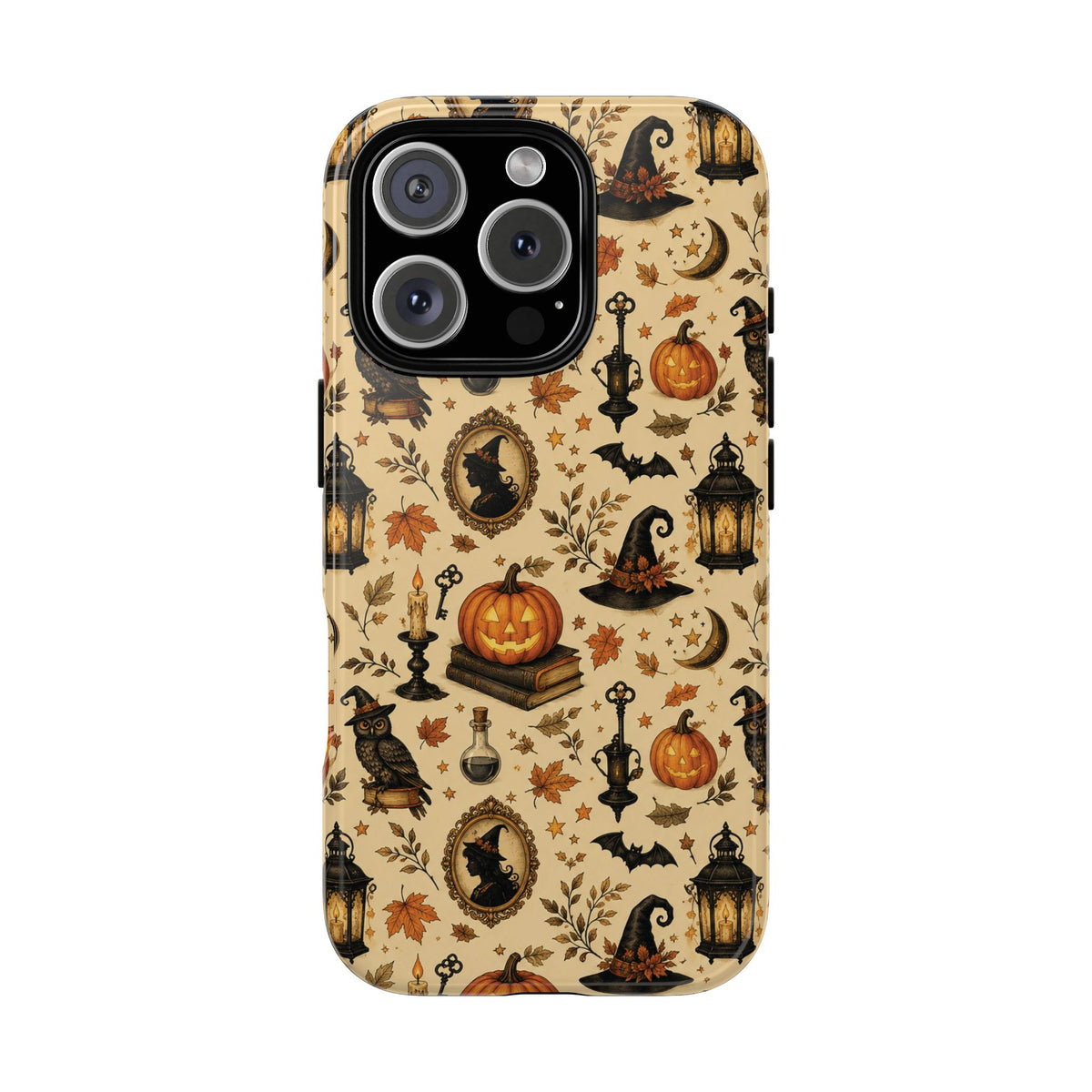 Vintage Halloween tough phone case with jack-o-lantern print on warm parchment