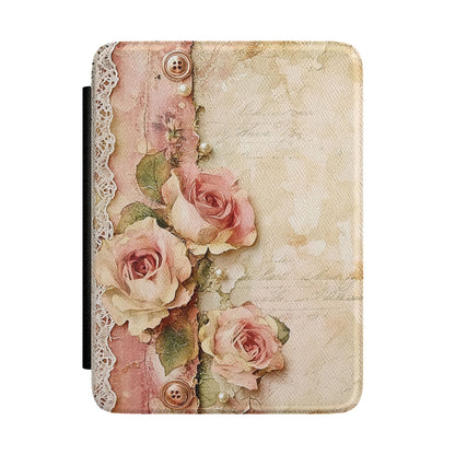 Vintage rose lace Kindle case with pink roses and lace on cream