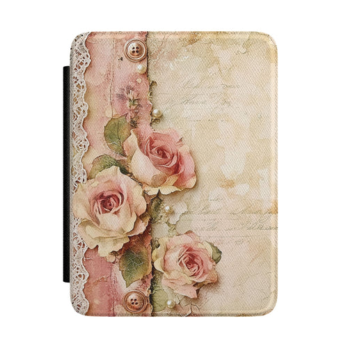 Vintage rose lace Kindle case with pink roses and lace on cream