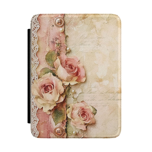 Vintage rose lace Kindle case with pink roses and lace on cream