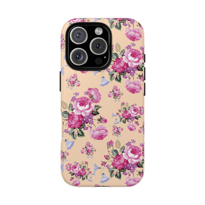 Vintage rose print tough phone case in pink and peach