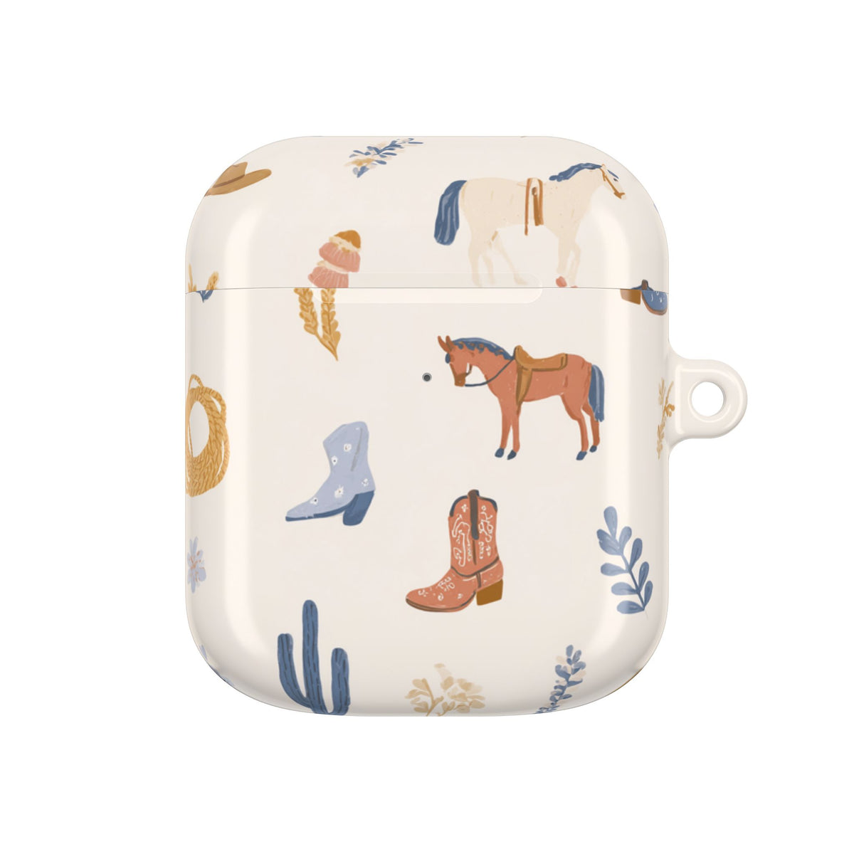 Western print AirPod case with carabiner clip, cream with dusty blue florals