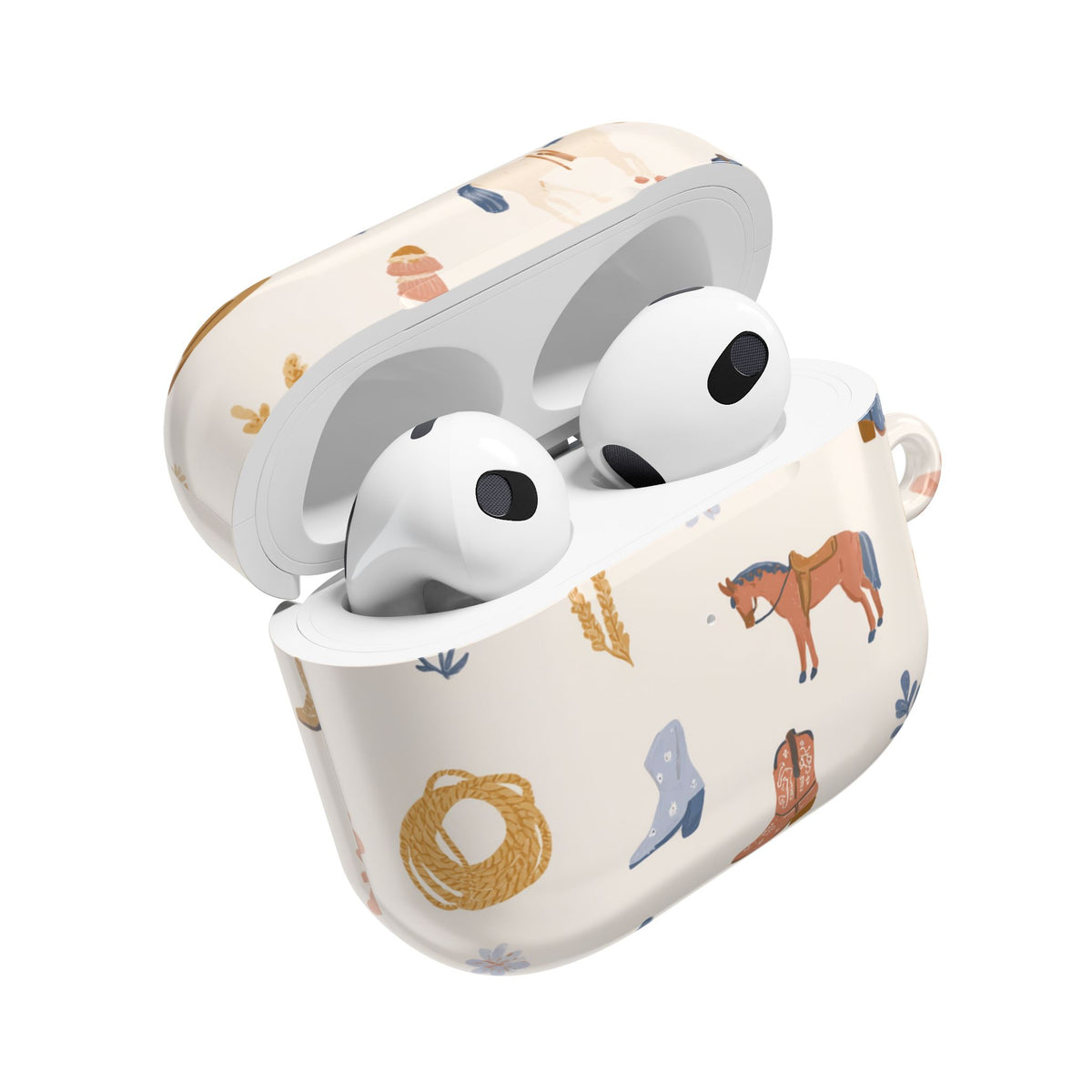 Cowgirl AirPod case with cowboy hats and lassos wrapping the lid