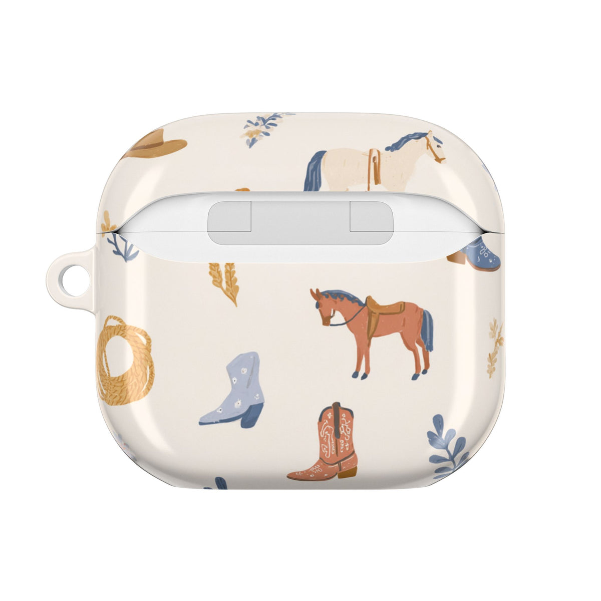Cream western AirPod case with horses and cacti, side view