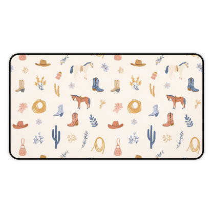 Western cowgirl desk mat in cream with horses, cowboy boots and cacti