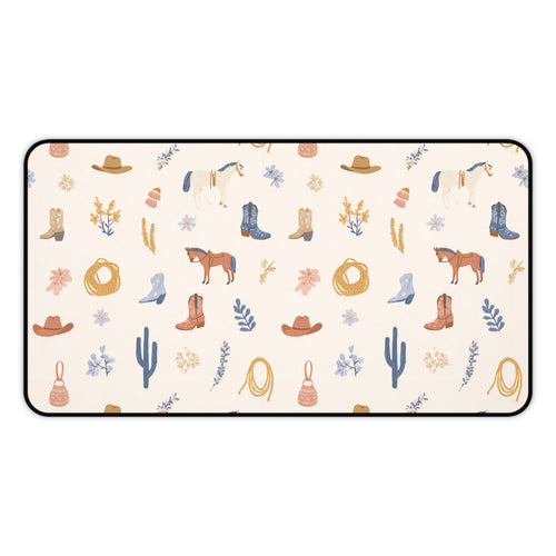 Western cowgirl desk mat in cream with horses, cowboy boots and cacti