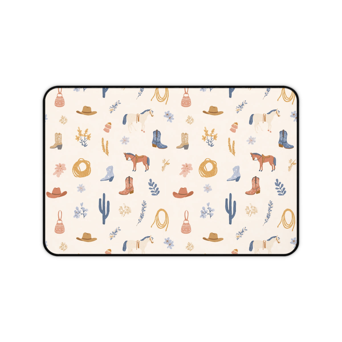 Cowgirl desk mat with dusty blue florals and mustard wildflowers on a desk