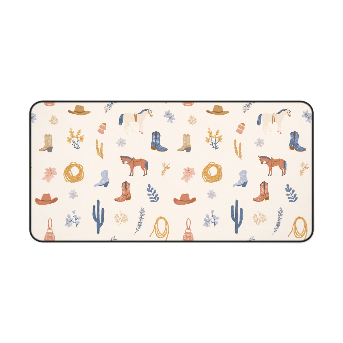 Boho western desk pad with horses and lassos under a keyboard and mouse