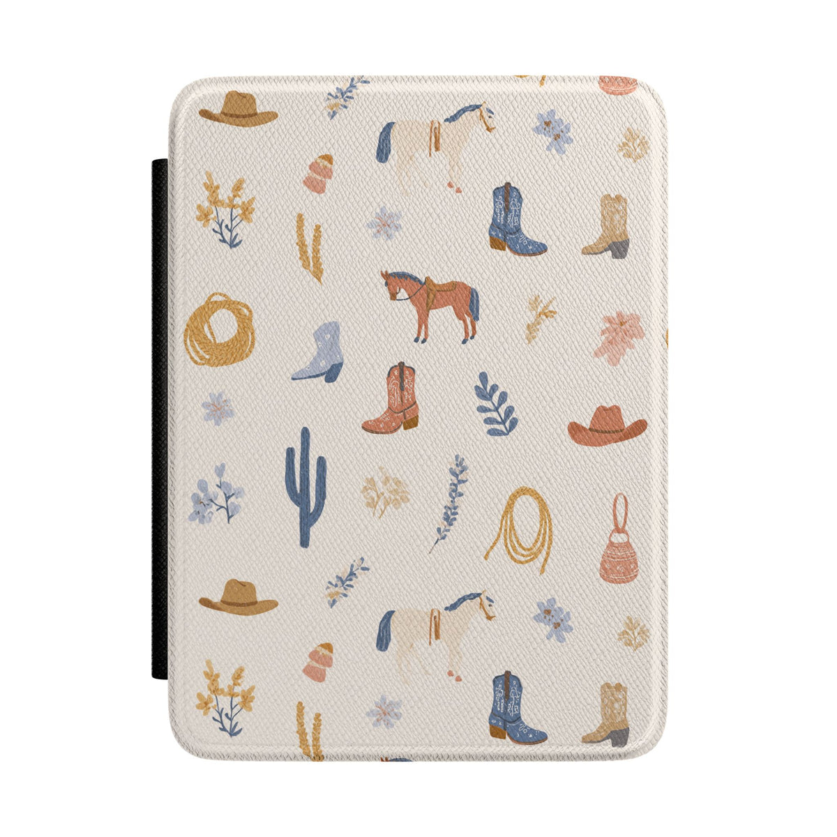 Western cowgirl Kindle case with horses, boots and cacti on cream