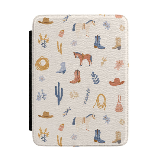 Western cowgirl Kindle case with horses, boots and cacti on cream