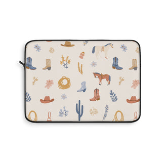Western cowgirl laptop sleeve in cream with horses, boots and cacti