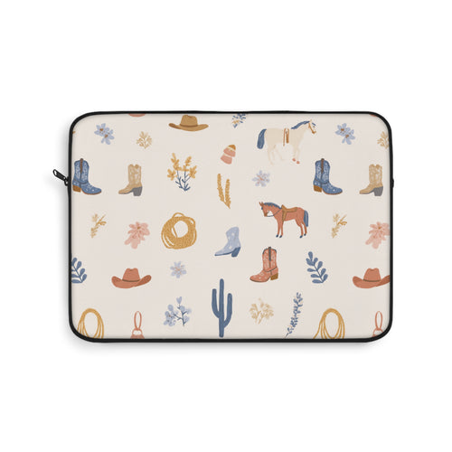 Western cowgirl laptop sleeve in cream with horses, boots and cacti
