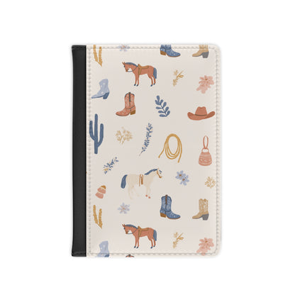Western cowgirl passport cover in cream with horses, boots and cacti