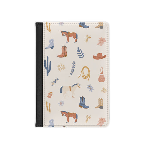 Western cowgirl passport cover in cream with horses, boots and cacti