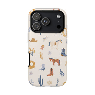 Western cowgirl tough phone case in cream with horses, cowboy boots and cacti
