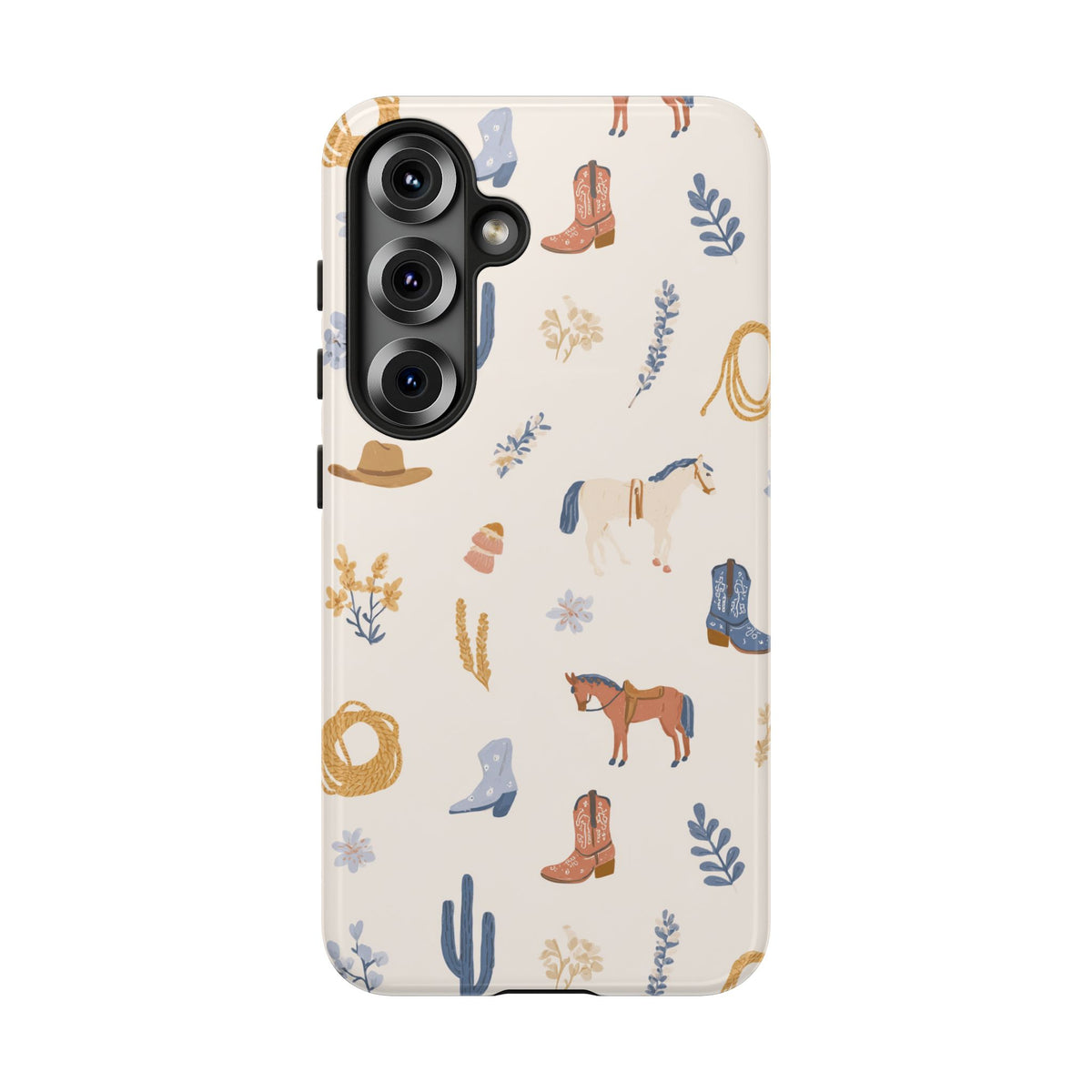 Cowgirl tough phone case held in hand showing the raised camera edge