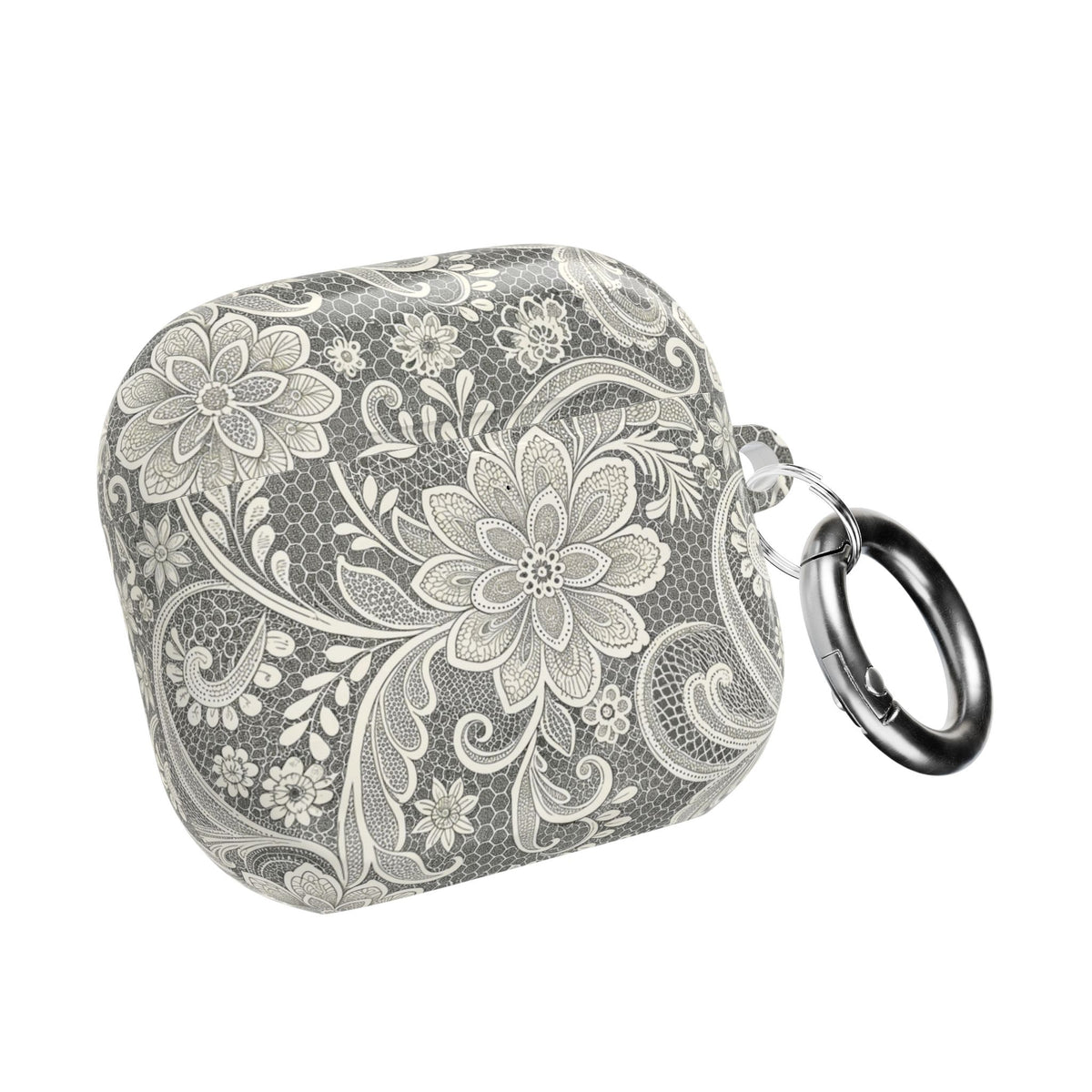 White lace print AirPod case with lace florals on soft gray
