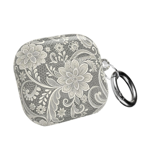 White lace print AirPod case with lace florals on soft gray