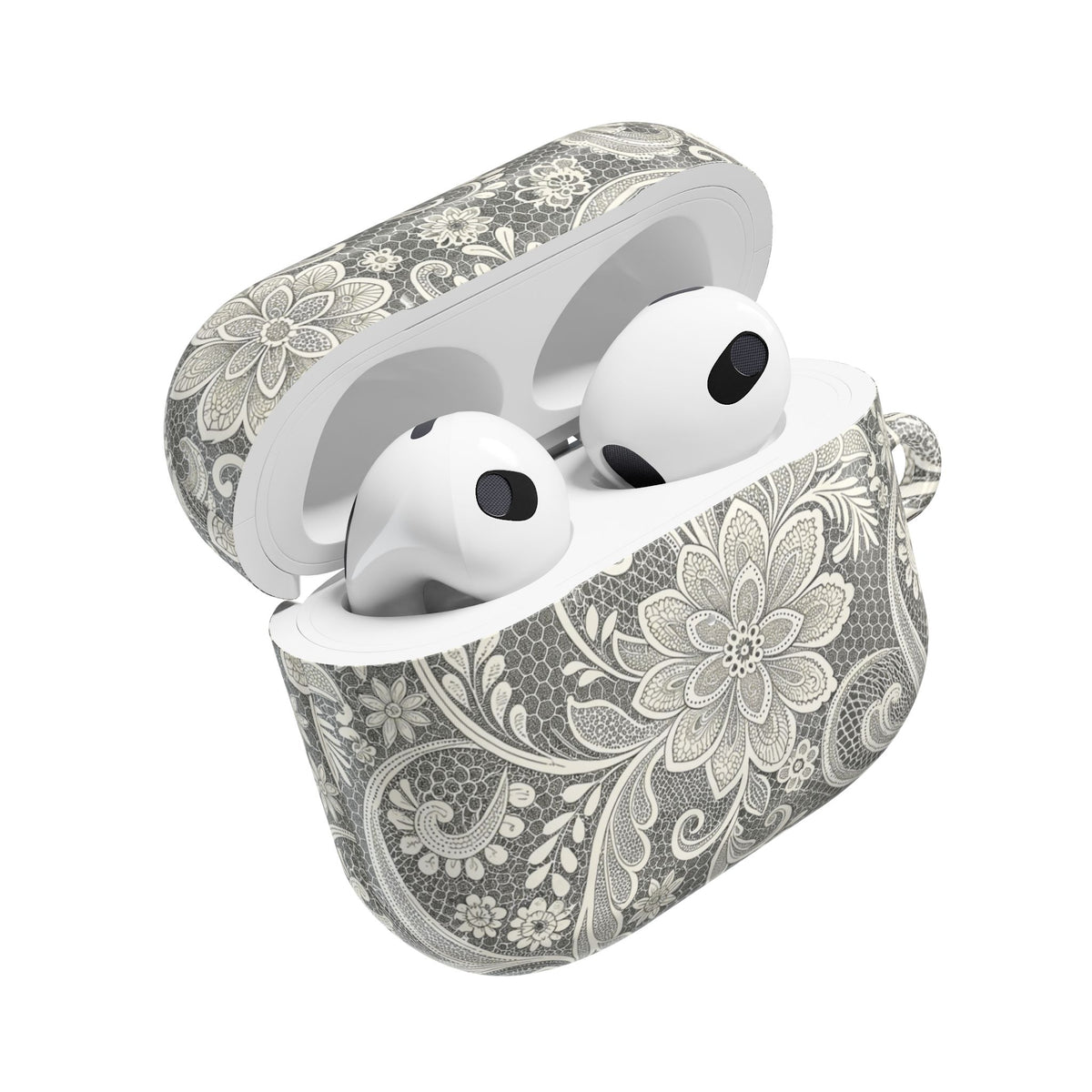 White lace print AirPod case, side view