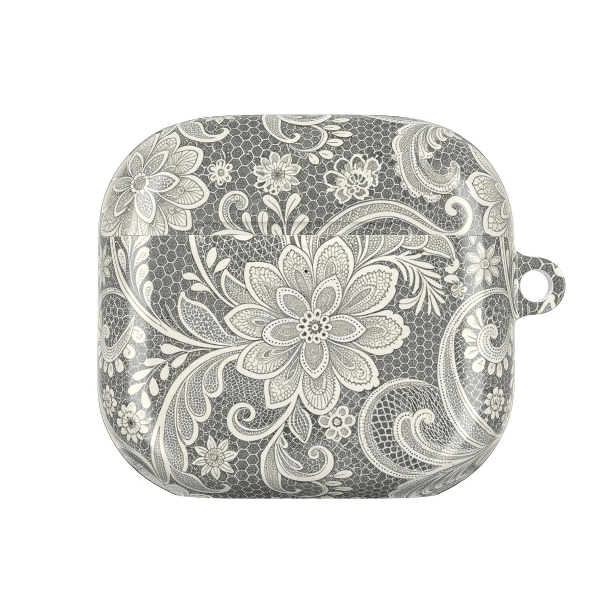 White lace print AirPod case with carabiner, alternate view