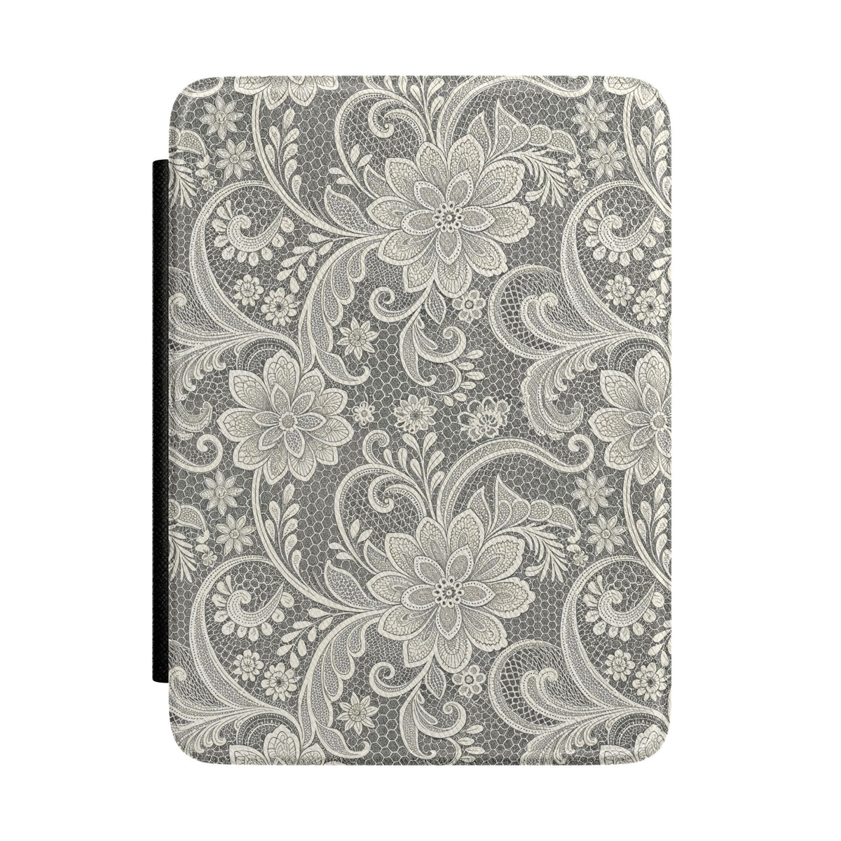 White lace print Kindle case with floral lace over a gray honeycomb mesh