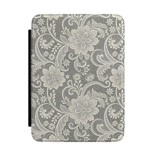 White lace print Kindle case with floral lace over a gray honeycomb mesh