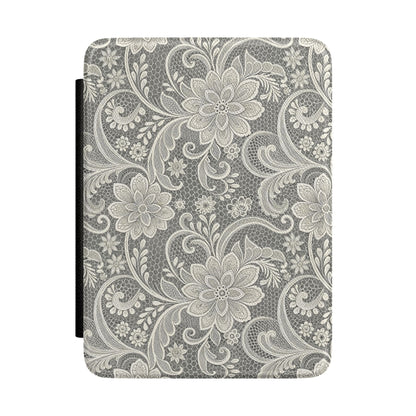 White lace print Kindle case with floral lace over a gray honeycomb mesh