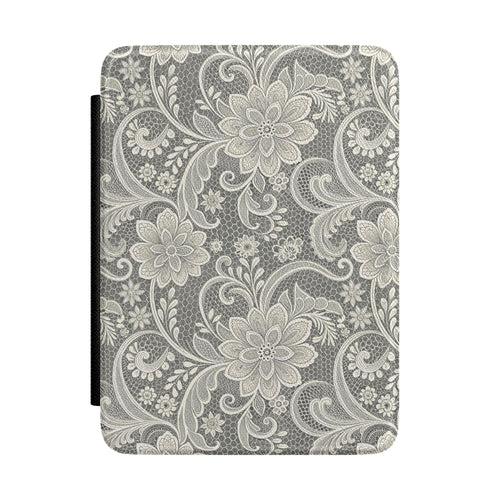 White lace print Kindle case with floral lace over a gray honeycomb mesh