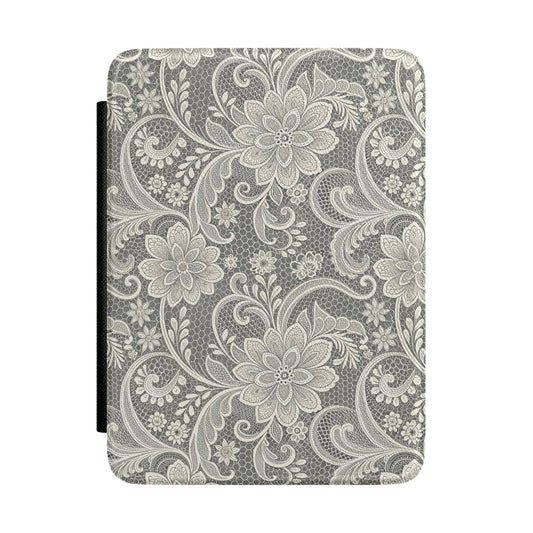 White lace print Kindle case with floral lace over a gray honeycomb mesh