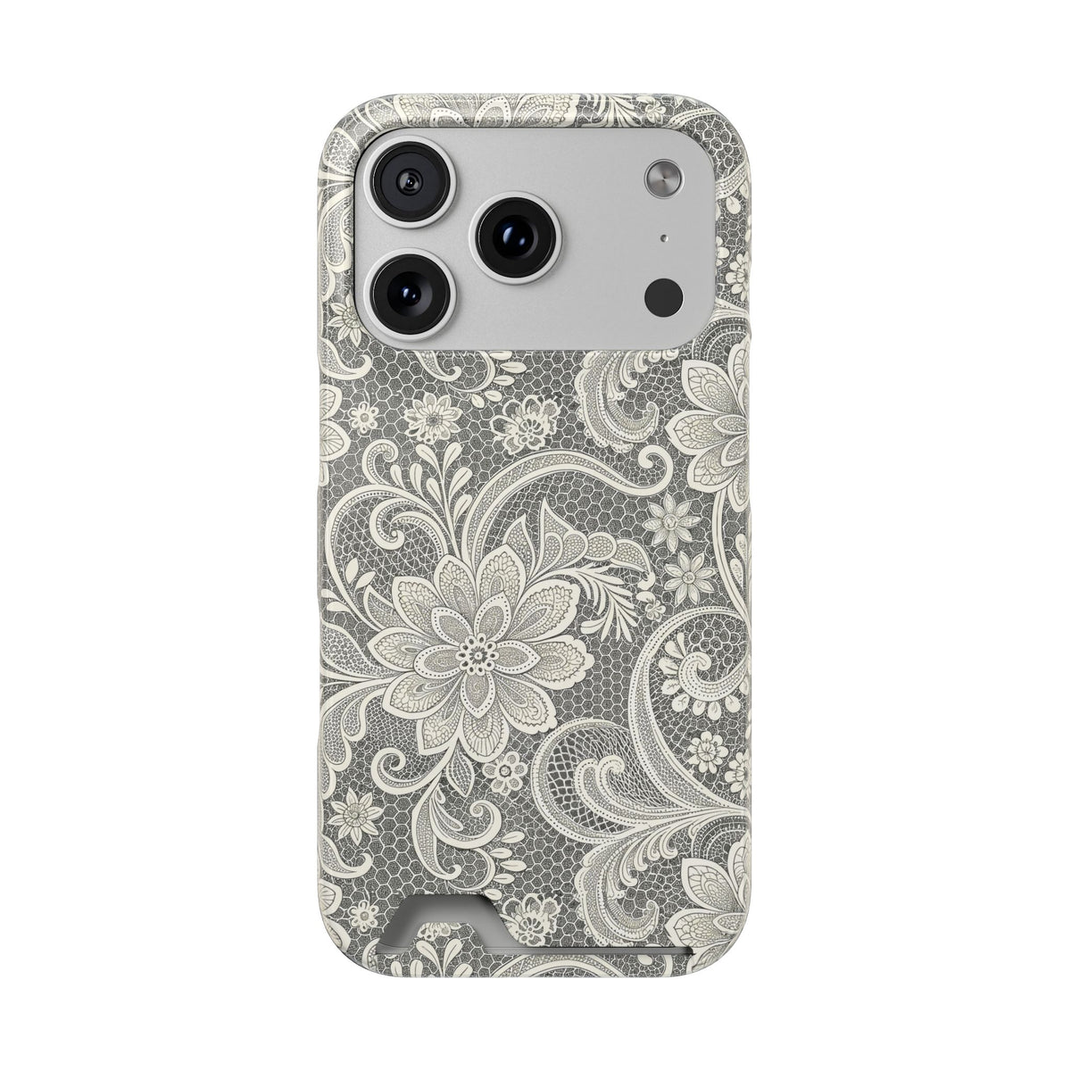 White lace print phone case with card holder, floral lace over a gray honeycomb mesh
