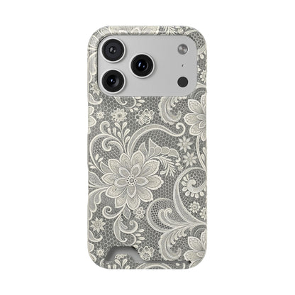 White lace print phone case with card holder, floral lace over a gray honeycomb mesh