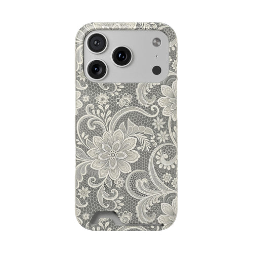 White lace print phone case with card holder, floral lace over a gray honeycomb mesh