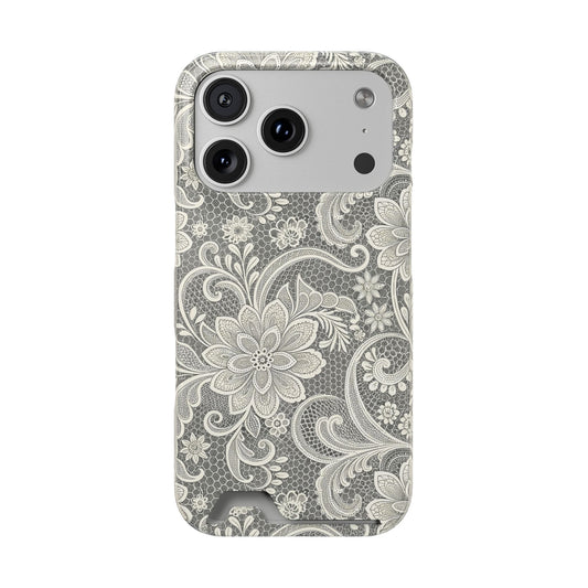 White lace print phone case with card holder, floral lace over a gray honeycomb mesh