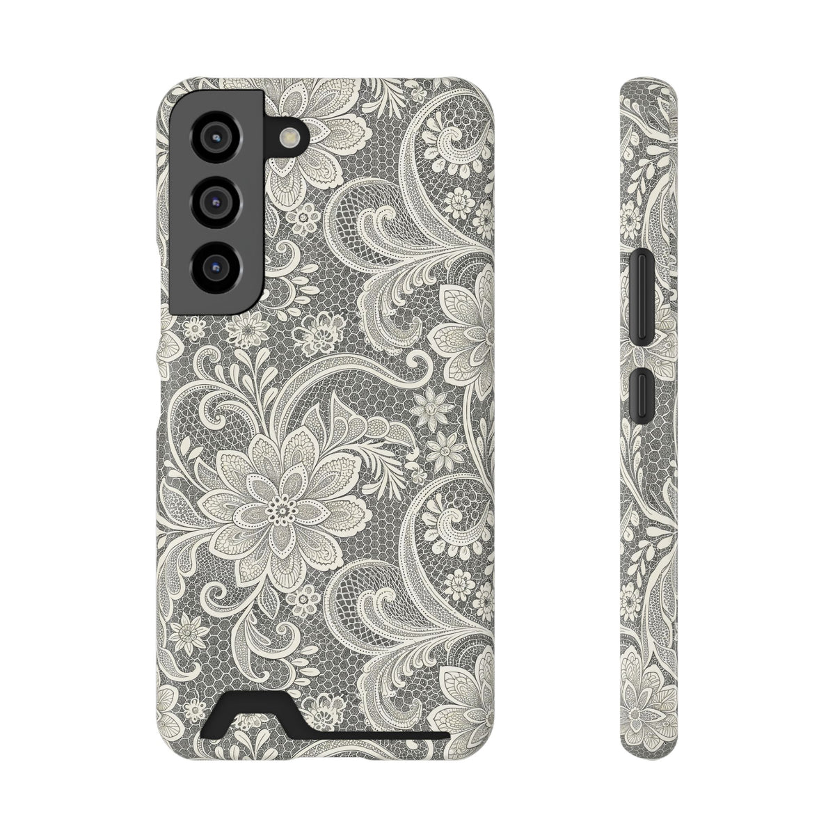 White lace print phone case with card slot, back view