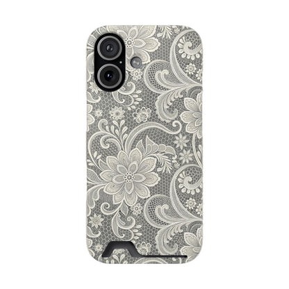 White floral lace print card holder phone case, side view