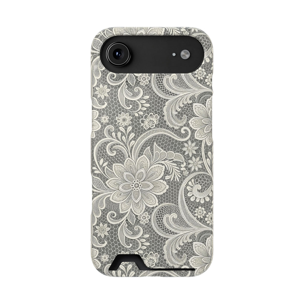 White lace print phone case with card holder, angled view