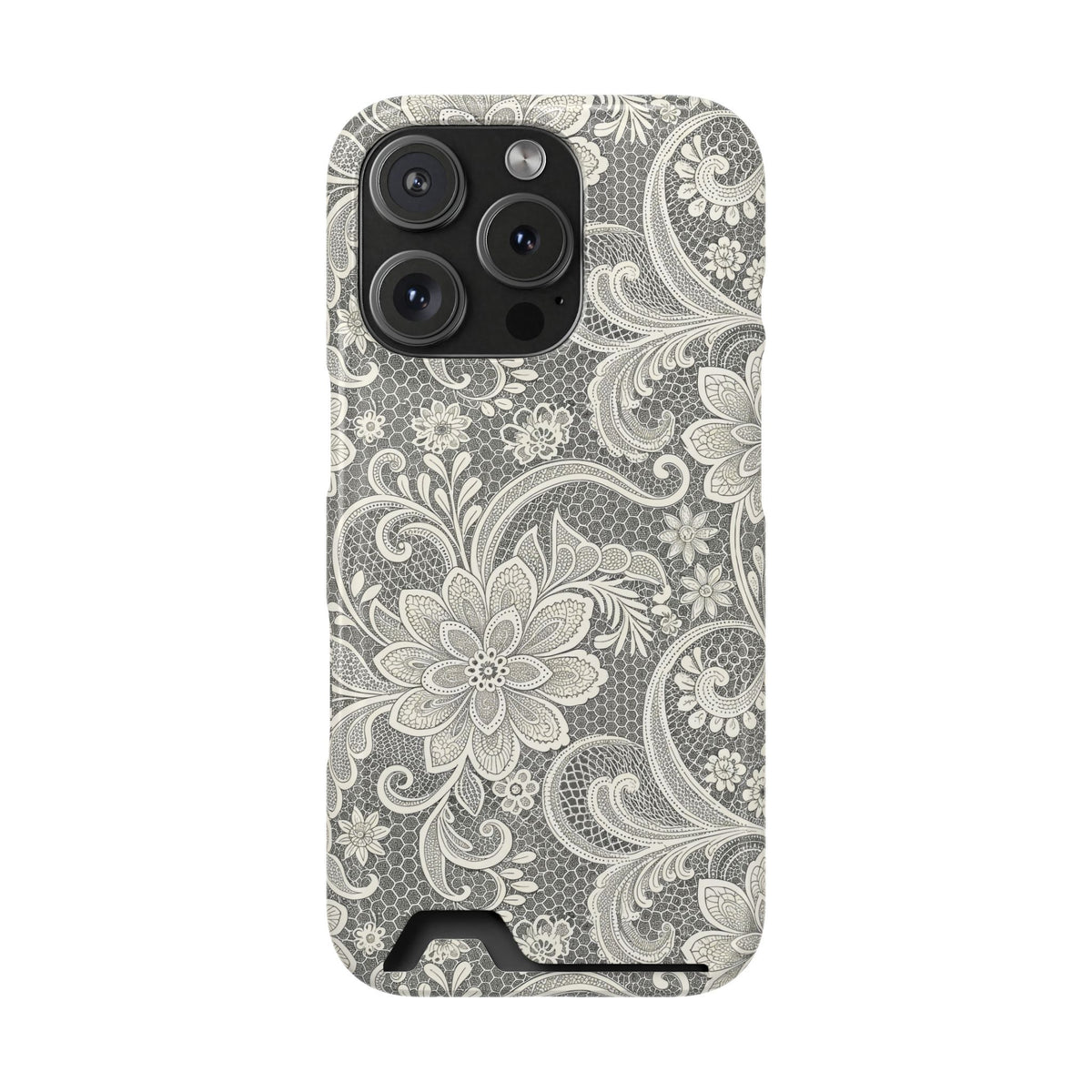 White and gray lace print card holder phone case with paisley swirls, detail