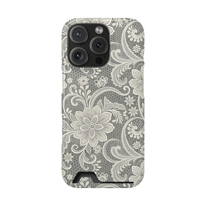 White and gray lace print card holder phone case with paisley swirls, detail