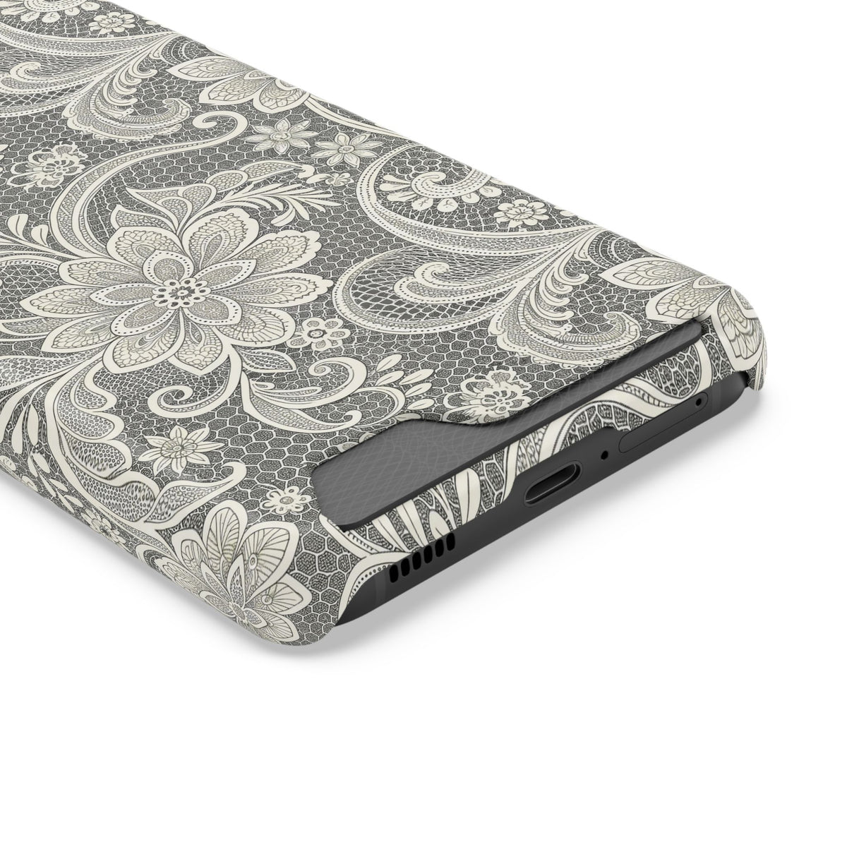 White lace print phone case with card slot, alternate view