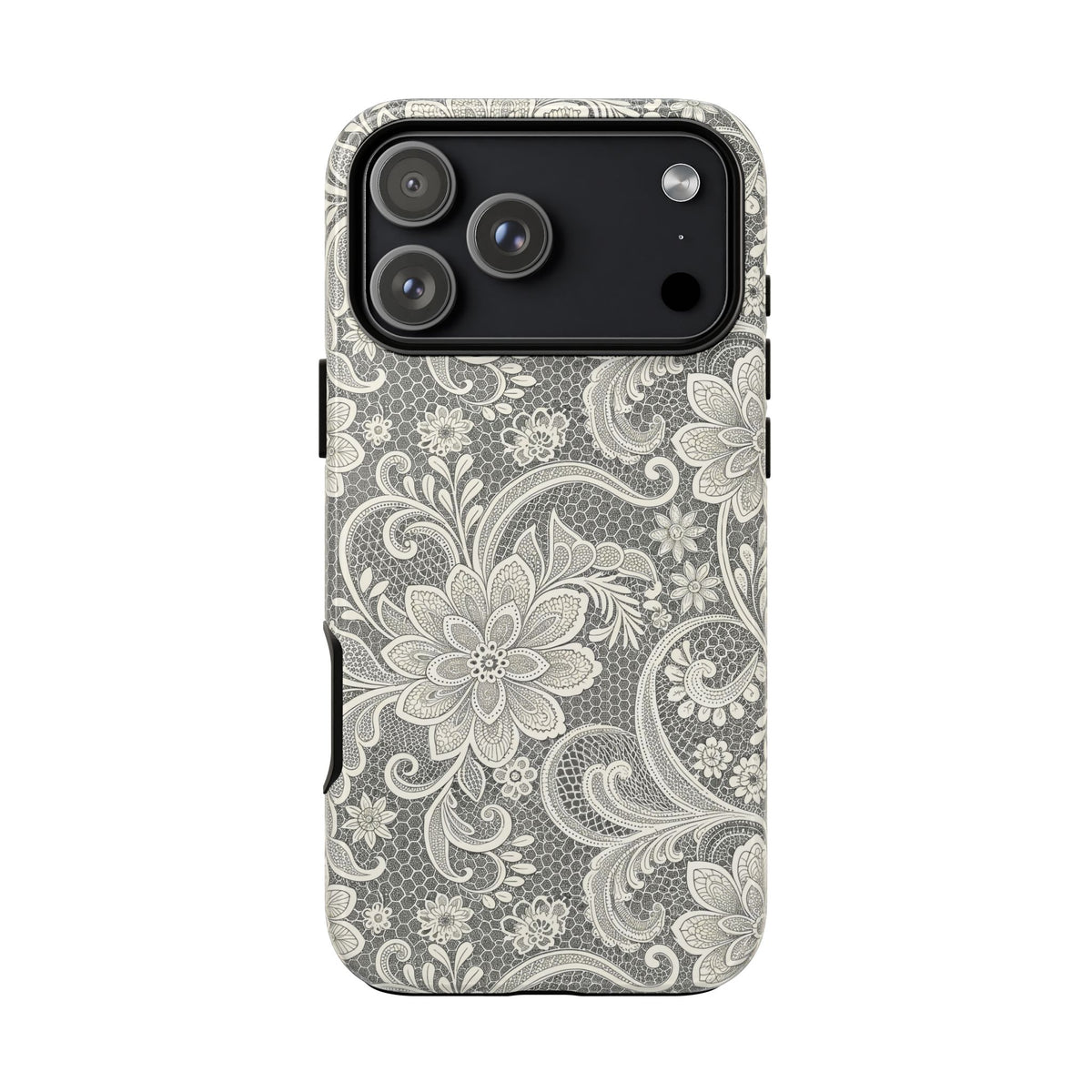 White lace print tough phone case with floral lace over a gray honeycomb mesh