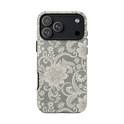 White lace print tough phone case with floral lace over a gray honeycomb mesh