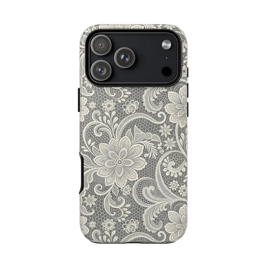 White lace print tough phone case with floral lace over a gray honeycomb mesh