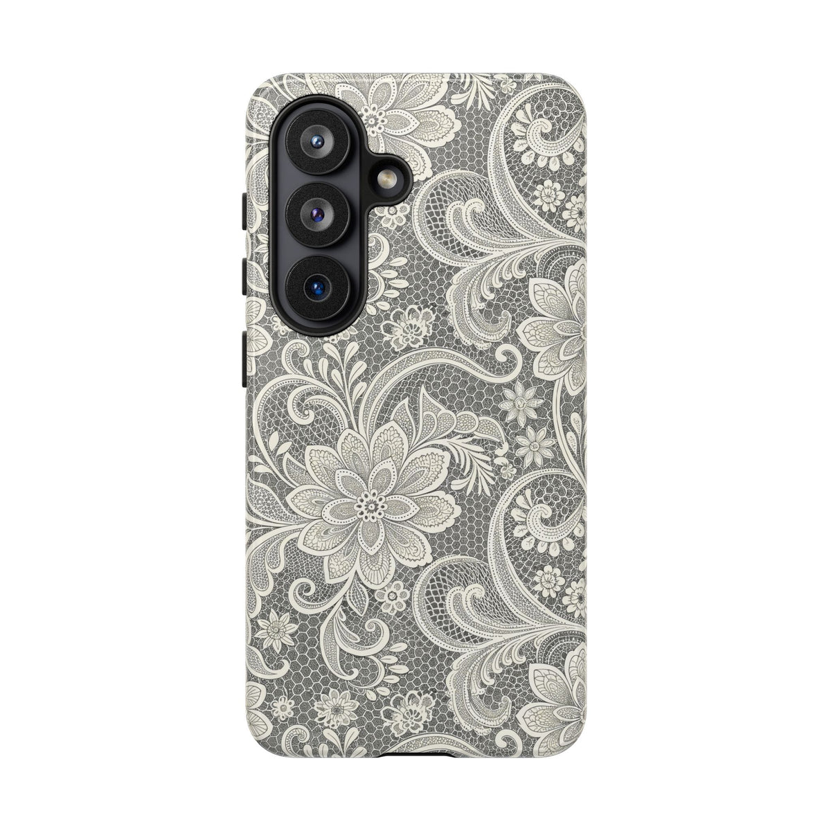 White lace print tough phone case, back view