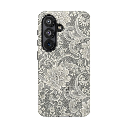White lace print tough phone case, back view